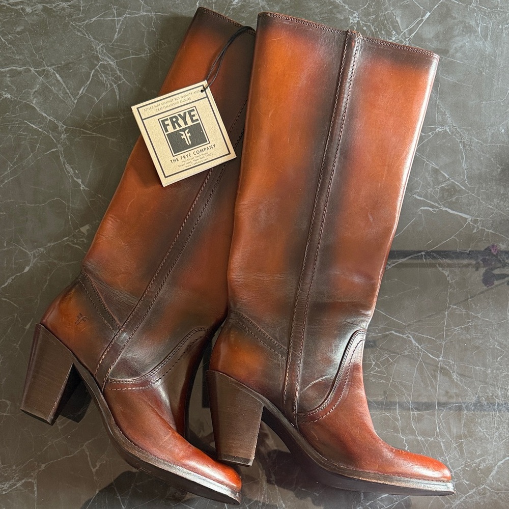 FRYE Women's Tall Leather Heeled Boots in Cognac Brown NWT